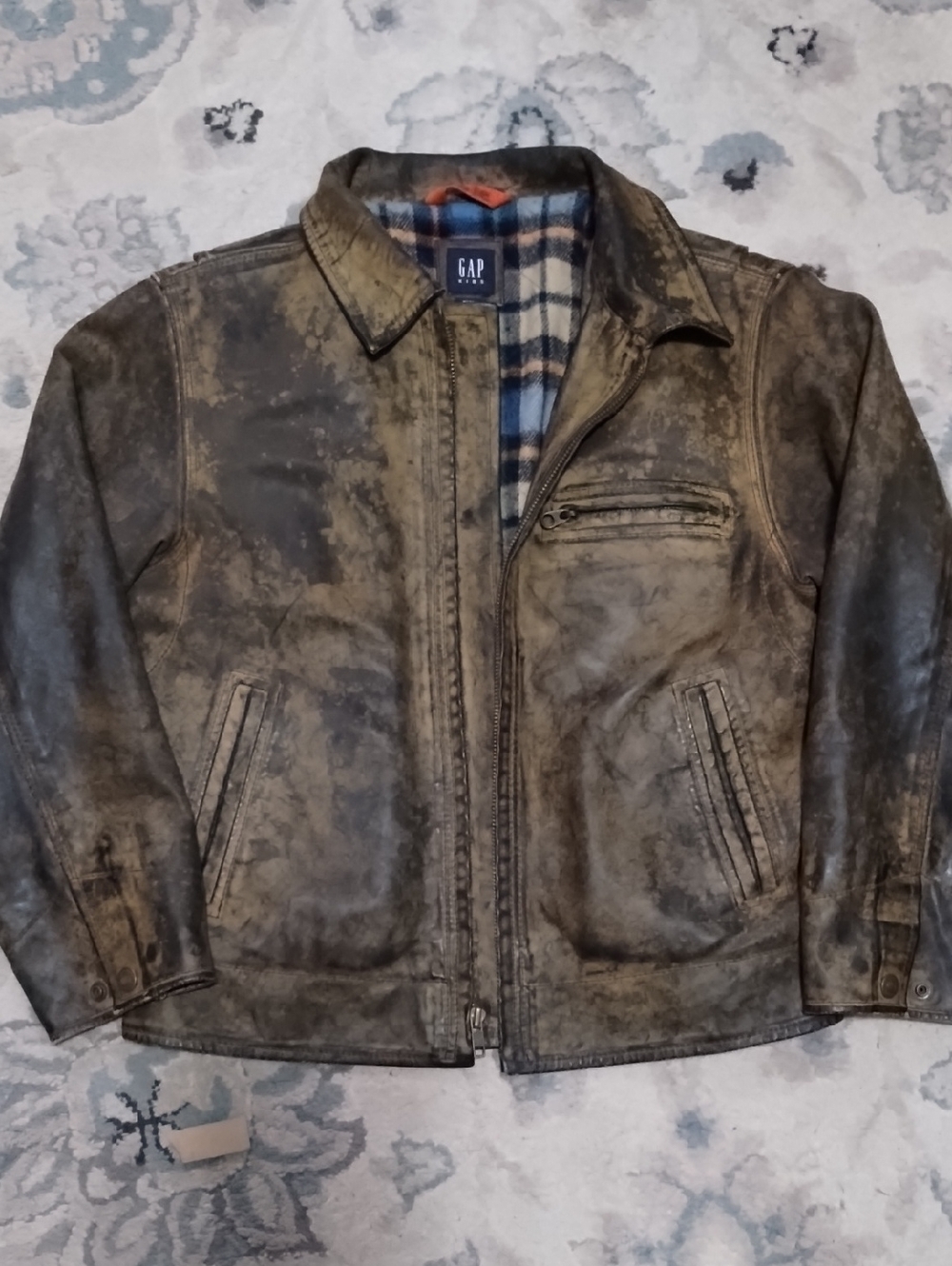 GAP Kids, Sz8, Distressed Brown Leather Jacket with Quilted Plaid Lining